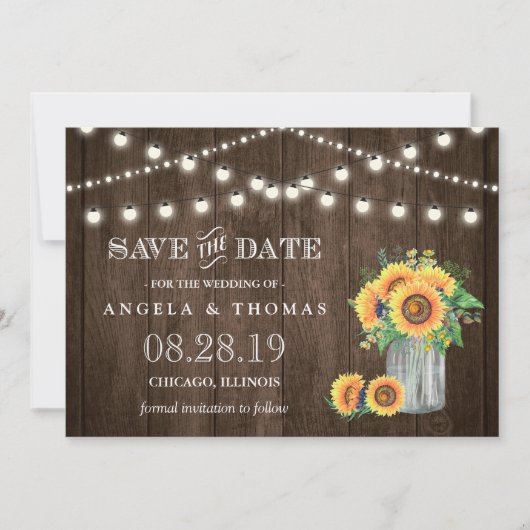 Rustic Wood String Lights Zonnebloemen Save the Da Date (Voorkant)