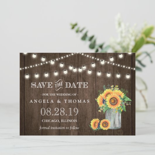 Rustic Wood String Lights Zonnebloemen Save the Da Save The Date (Staand voorkant)