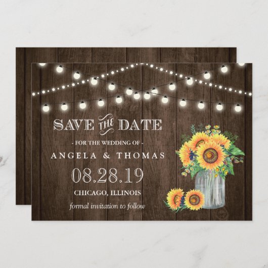 Rustic Wood String Lights Zonnebloemen Save the Da Save The Date (Voorkant / Achterkant)
