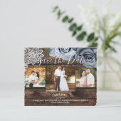 Rustic Wood Stusty Blue Rozen Photo Save the Date (Staand voorkant)