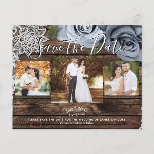 Rustic Wood Stusty Blue Rozen Photo Save the Date (Voorkant)