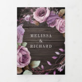 Rustic Wood Stusty Paarse Floral QR Code Weddensch Drieluik Uitnodiging (Cover)