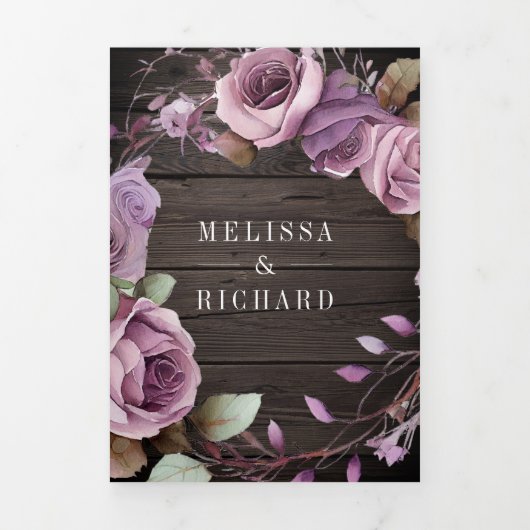 Rustic Wood Stusty Paarse Floral QR Code Weddensch Drieluik Uitnodiging (Cover)