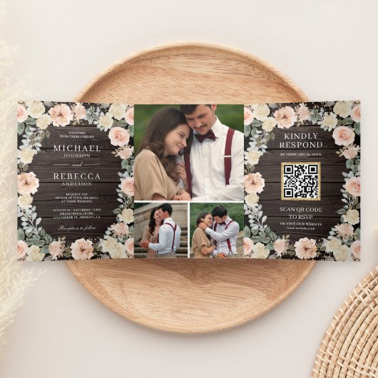 Rustic Wood Stusty Peach Floral QR Code Weddenscha Drieluik Uitnodiging