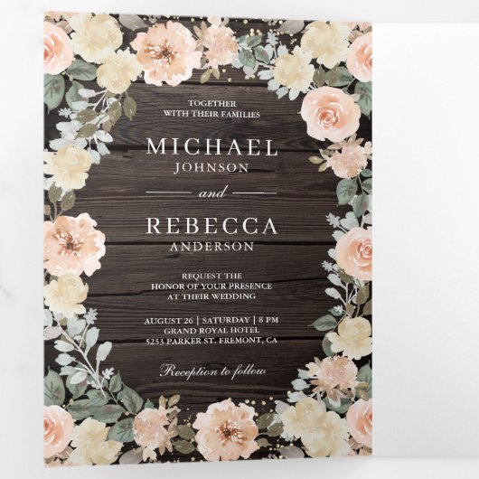 Rustic Wood Stusty Peach Floral QR Code Weddenscha Drieluik Uitnodiging (Binnenzijde eerst)