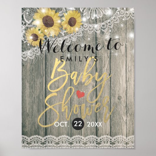 Rustic Wood Sunflower Baby shower Welkom Poster (Voorkant)