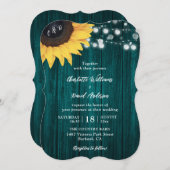 Rustic Wood Sunflower Blauwgroen Wedding Invitatio Kaart (Voorkant / Achterkant)