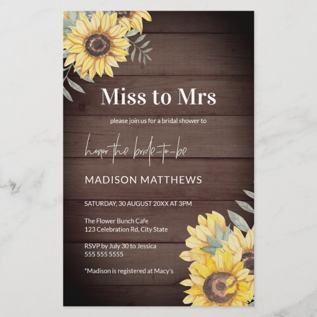 Rustic Wood Sunflower Bridal Shower Invitation (Voorkant)