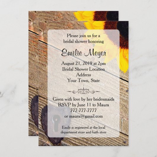 Rustic Wood Sunflower Bridal Shower Invitation Kaart (Voorkant / Achterkant)