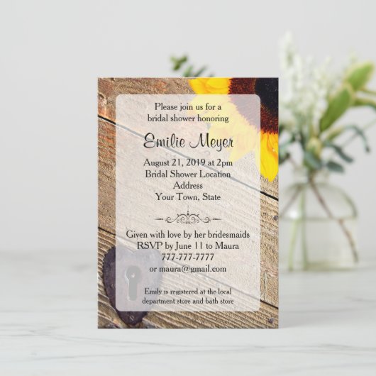 Rustic Wood Sunflower Bridal Shower Invitation Kaart (Staand voorkant)