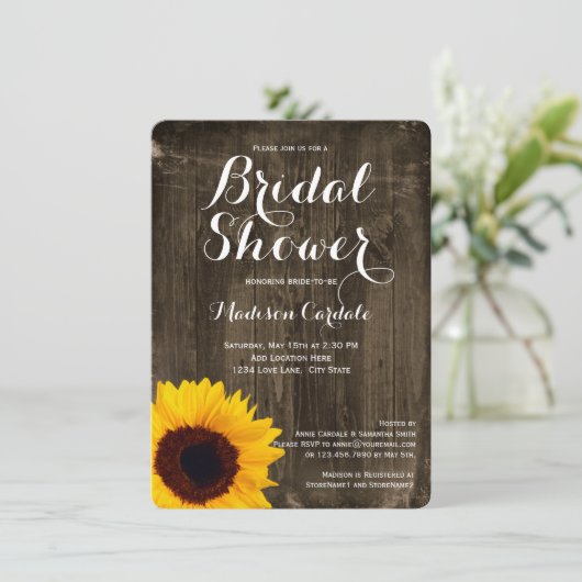 Rustic Wood Sunflower Bridal Shower Invitations Kaart (Staand voorkant)