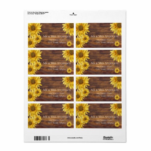 Rustic Wood Sunflower Bright Yellow Address Etiket (Full Sheet)