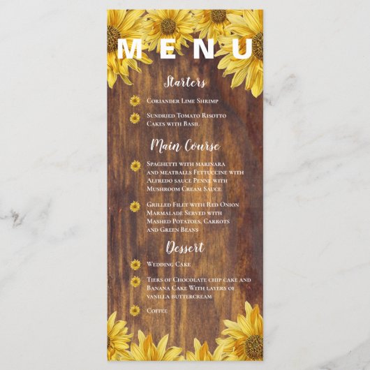 Rustic Wood Sunflower Bright Yellow Wedding Party Menu (Voorkant)