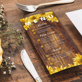 Rustic Wood Sunflower Bright Yellow Wedding Party Menu
