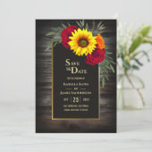 Rustic Wood Sunflower Burgundy Roos Wedding Save Save The Date (Staand voorkant)