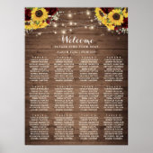 Rustic Wood Sunflower Burgundy Seating Chart Poster (Voorkant)