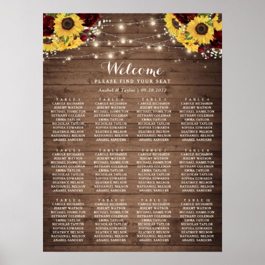 Rustic Wood Sunflower Burgundy Seating Chart Poster (Voorkant)