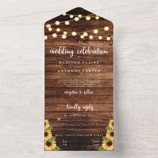 Rustic Wood Sunflower Calligraphy Photo Wedding All In One Uitnodiging (Binnen)
