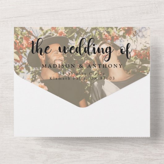 Rustic Wood Sunflower Calligraphy Photo Wedding All In One Uitnodiging (Achterkant)