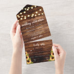 Rustic Wood Sunflower Calligraphy Photo Wedding All In One Uitnodiging<br><div class="desc">Een chic- en  stijl,  allemaal in één trouwuitnodiging in een bijtend hout- en zonnebloemthema,  compleet met RSVP-kaart en detailkaarten in een kalligrafiettering,  een aangepaste foto van de bruid en de bruidegom. Pas het aan met je trouwgegevens.</div>