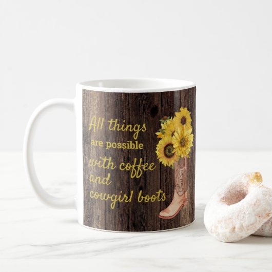 Rustic Wood Sunflower Coffee Cowgirl Boots Koffiemok (Met donut)