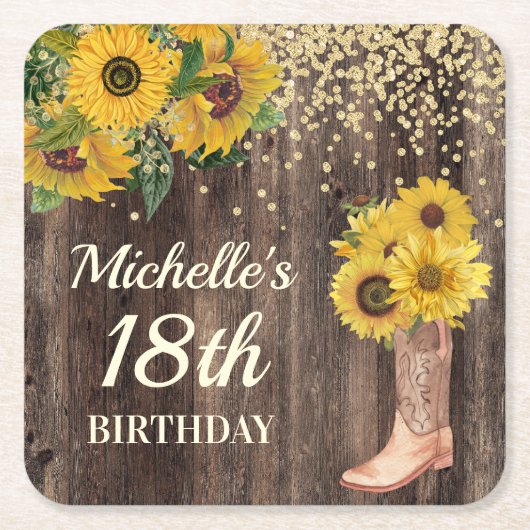 Rustic Wood Sunflower Cowboy Boots 18th Birthday Kartonnen Onderzetters (Voorkant)