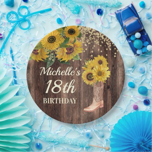 Rustic Wood Sunflower Cowboy Boots 18th Birthday Papieren Bordje (Feest)