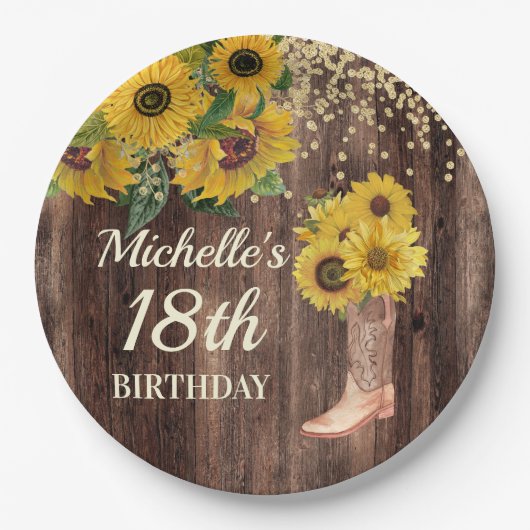 Rustic Wood Sunflower Cowboy Boots 18th Birthday Papieren Bordje (Voorkant)