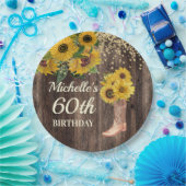 Rustic Wood Sunflower Cowboy Boots 60th Birthday Papieren Bordje (Feest)