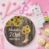 Rustic Wood Sunflower Cowboy Boots 70th Birthday Papieren Bordje (Feest)