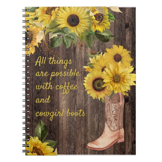 Rustic Wood Sunflower Cowgirl Boots Coffee Notitieboek (Voorkant)