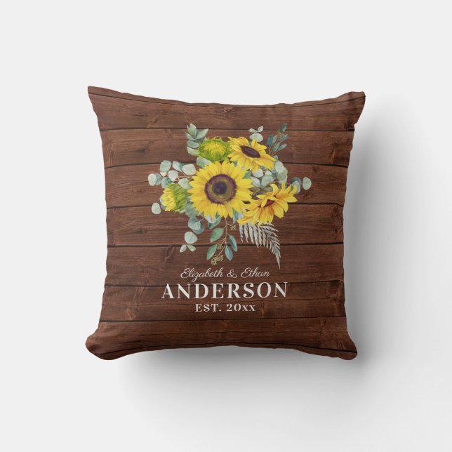 Rustic Wood Sunflower de heer Mrs Pas getrouwd Kussen (Voorkant)