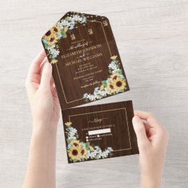 Rustic Wood Sunflower Dusty Blue Floral No Menu All In One Uitnodiging