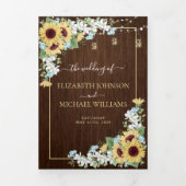 Rustic Wood Sunflower Dusty Blue Floral Wedding Drieluik Uitnodiging (Cover)