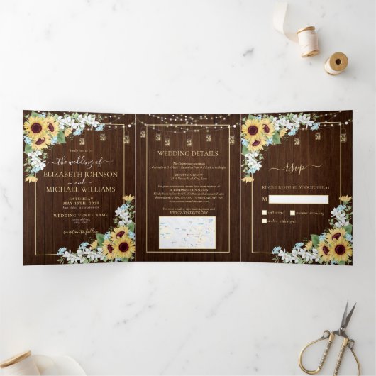 Rustic Wood Sunflower Dusty Blue Floral Wedding Drieluik Uitnodiging (Binnen)