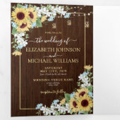 Rustic Wood Sunflower Dusty Blue Floral Wedding Drieluik Uitnodiging (Binnenzijde eerst)