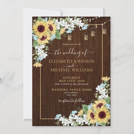 Rustic Wood Sunflower Dusty Blue Floral Wedding Kaart (Voorkant)