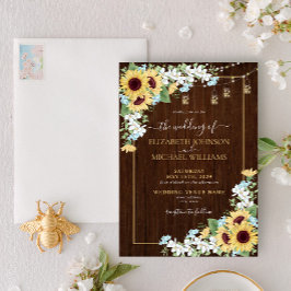 Rustic Wood Sunflower Dusty Blue Floral Wedding Kaart