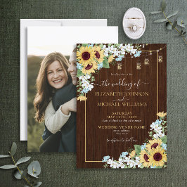 Rustic Wood Sunflower Dusty Blue Photo Wedding Kaart