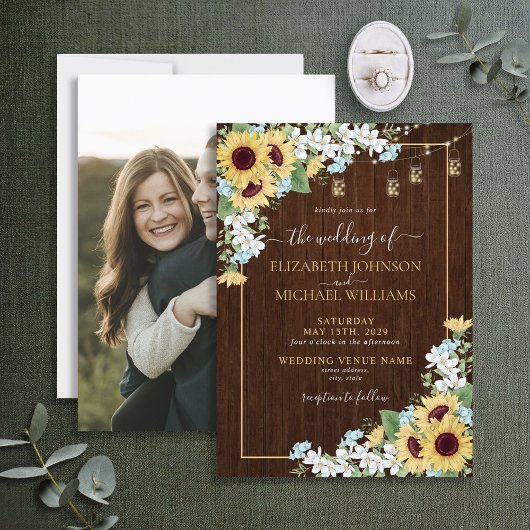 Rustic Wood Sunflower Dusty Blue Photo Wedding Kaart