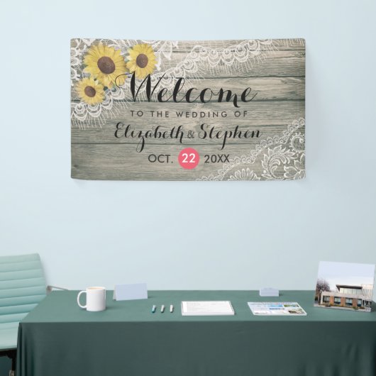 Rustic Wood Sunflower Elegant Lace Wedding Banner (Beurs)