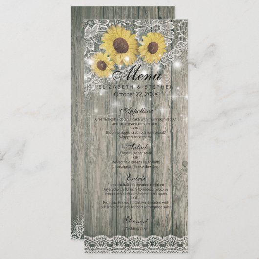 Rustic Wood Sunflower Elegant Lace Wedding Menu (Voorkant / Achterkant)