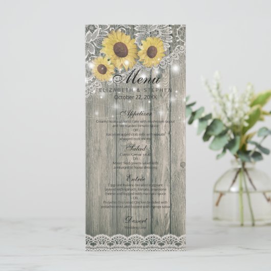 Rustic Wood Sunflower Elegant Lace Wedding Menu (Staand voorkant)