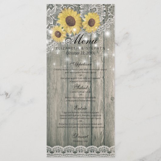 Rustic Wood Sunflower Elegant Lace Wedding Menu (Voorkant)