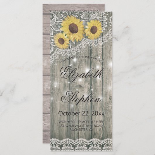 Rustic Wood Sunflower Elegant Lace Wedding Program Programmakaart (Voorkant / Achterkant)