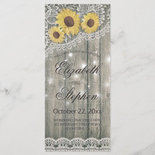 Rustic Wood Sunflower Elegant Lace Wedding Program Programmakaart (Voorkant)