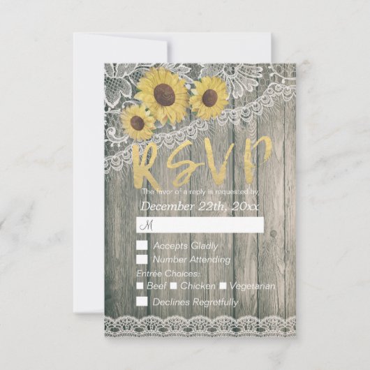 Rustic Wood Sunflower Elegant Lace Wedding RSVP (Voorkant)