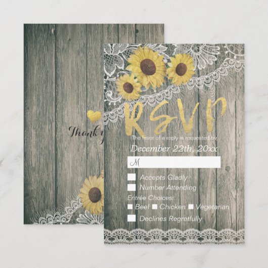 Rustic Wood Sunflower Elegant Lace Wedding RSVP Kaartje (Voorkant / Achterkant)