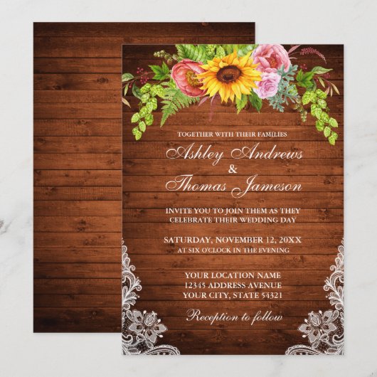 Rustic Wood Sunflower Floral Lace Wedding Kaart (Voorkant / Achterkant)
