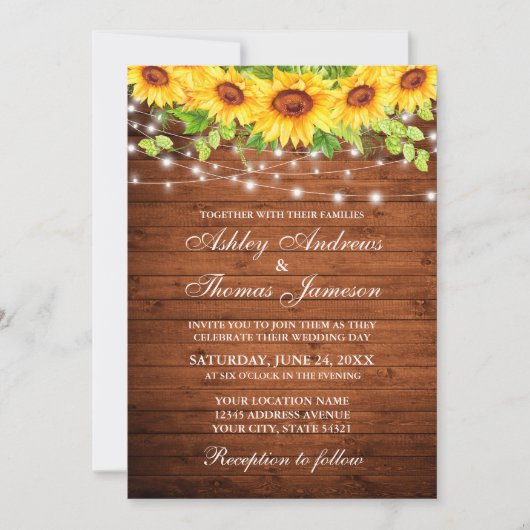 Rustic Wood Sunflower Floral String Lights Kaart (Voorkant)